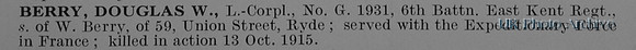 Berry D W L/Cpl G1931 6th East Kent Regiment Obit
