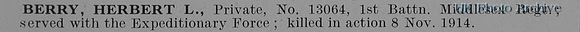 Berry H L Pte 13064 1st Middlesex Regiment Obit
