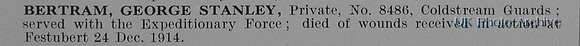 Bertram G S Pte 8486 Coldstream Guards Obit