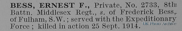 Bess E F Pte 2733 8th Middlesex Regiment Obit