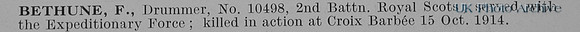 Bethune F Drummer 10498 2nd Royal Scots Obit