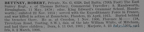 Bettney R Pte G6328 2nd East Surrey Regiment Obit