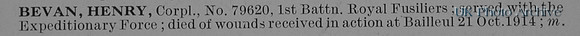 Bevan H Cpl 79620 1st Royal Fusiliers Obit