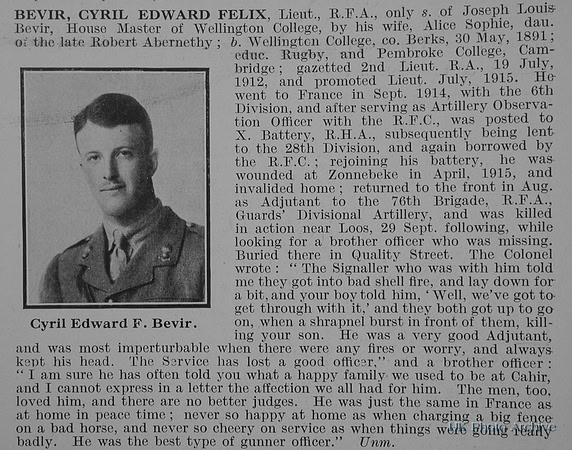 Bevir C E F Lt Royal Field Artillery Obit