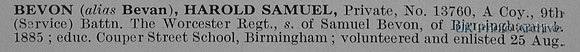 Bevon H S Pte 13760 9th Worcestershire Regiment Obit Part 1
