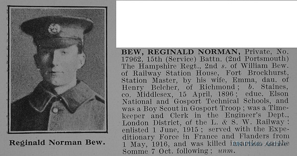 Bew R N Pte 17962 15th Hampshire Regiment Obit