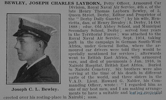Bewley J C L PO Armoured Car Division Royal Naval Air Service Obit