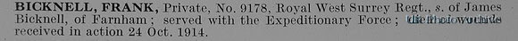 Bicknell F Pte 9178 Queens Royal West Surrey Regiment Obit