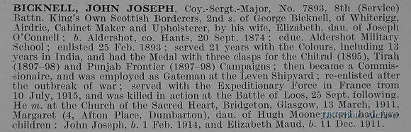 Bicknell J J Coy Sergt Major 7893 8th Kings Own Scottish Borderers Obit