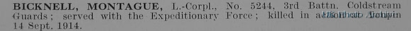 Bicknell M LCpl 5244 3rd Coldstream Guards Obit