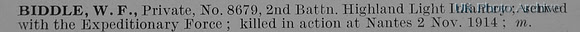 Biddle W F Pte 8679 2nd Highland Light Infantry Obit