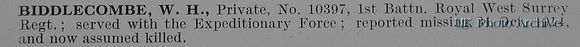 Biddlecombe W H Pte 10397 1st Queens Royal West Surrey Regiment Obit