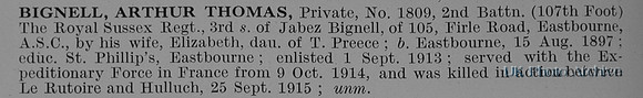 Bignell A T Pte 1809 2nd Royal Sussex Regiment Obit
