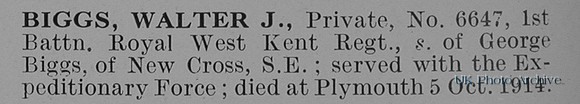 Biggs W J Pte 6647 1st Royal West Kent Regiment Obit