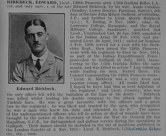 Birbeck E Lt Indian Army Obit