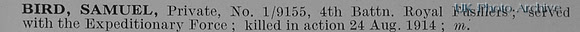 Bird S Pte 1/9155 4th Royal Fusiliers Obit