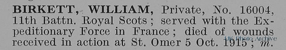 Birkett W Pte 16004 11th Royal Scots Obit
