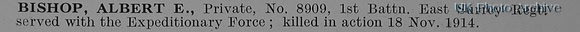 Bishop A E Pte 8909 1st East Surrey Regiment Obit