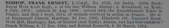 Bishop F E L/Cpl 4743 1st Queens Own Royal West Kent Regiment Obit