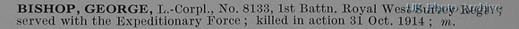 Bishop G L/Cpl 8133 1st Queens Royal West Surrey Regiment Obit