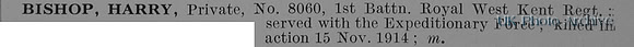 Bishop H Pte 8060 1st Queens Own Royal West Kent Regiment Obit