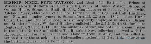 Bishop N F W 2nd Lt 5th North Staffs Regiment Obit