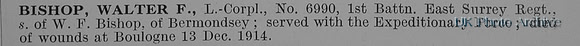 Bishop W F L/Cpl 6990 1st East Surrey Regiment Obit