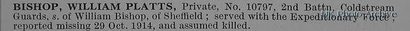 Bishop W P Pte 10797 2nd Coldstream Guards Obit
