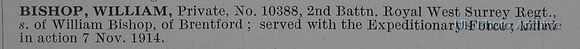 Bishop W Pte 10388 2nd Queens Royal West Surrey Regiment Obit
