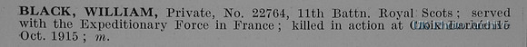 Black W Pte 22764 11th Royal Scots Obit
