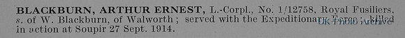 Blackburn A E LCpl 1-12758 Royal Fusiliers Obit