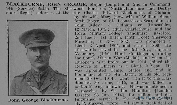 Blackburne J G Major 9th Notts And Derby Regiment Obit Part 1