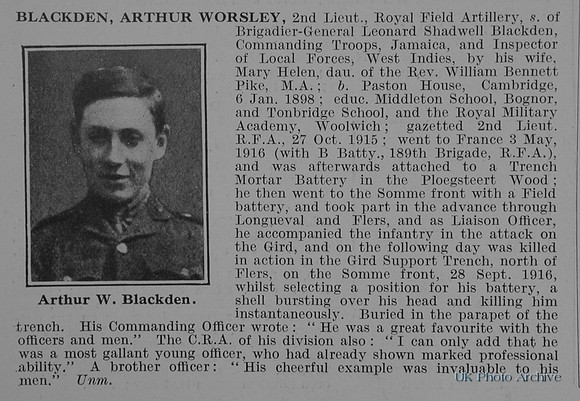 Blackden A W 2nd Lt Royal Field Artillery Obit