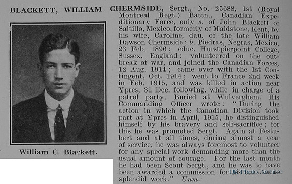 Blackett W C Sergt 25688 1st Canadian Expeditionary Force Obit