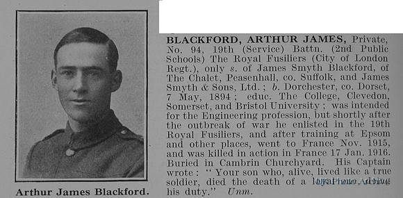 Blackford A J Pte 94 19th Royal Fusiliers Obit