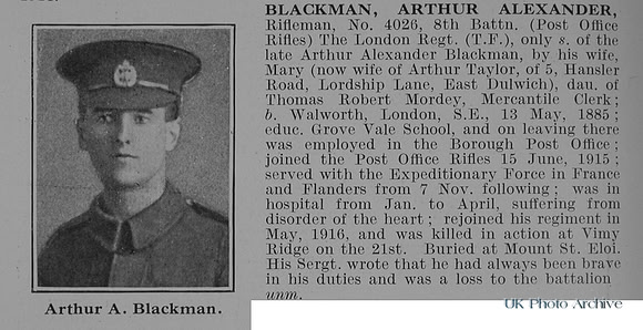 Blackman A A Rfn 4026 8th London Regiment Obit