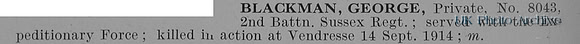 Blackman G Pte 8043 2nd Royal Sussex Regiment Obit