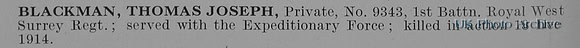 Blackman T J Pte 9343 1st Queens Royal West Surrey Regiment Obit