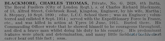 Blackmore C T Pte G-2628 4th Royal Fusiliers Obit