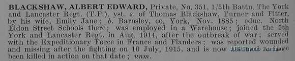 Blackshaw A E Pte 351 5th York And Lancs Regiment Obit