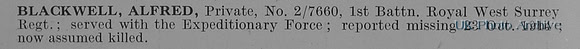 Blackwell A Pte 2-7660 Queens Royal West Surrey Regiment Obit