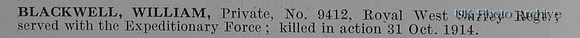 Blackwell W Pte 9412 Queens Royal West Surrey Regiment Obit