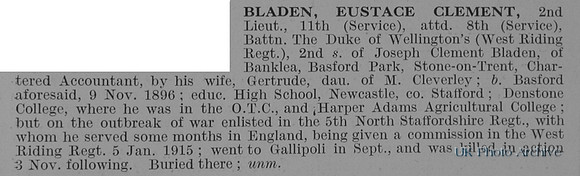 Bladen E C 2nd Lt 11th Attd 8th West Riding Regiment Obit