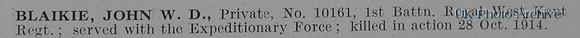 Blaikie J W D Pte 10161 1st Royal West Kent Regiment Obit