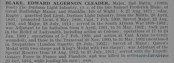Blake E A C Major 2nd Durham Light Infantry Obit