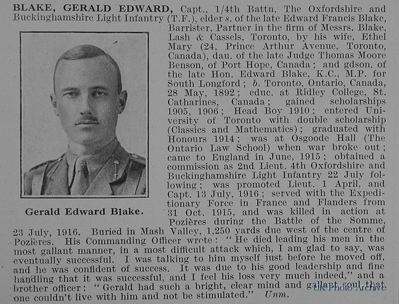 Blake G E Captain 4th Oxford And Bucks Light Infantry Obit