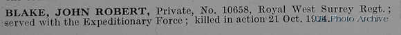 Blake J R Pte 10658 Queens Royal West Surrey Regiment Obit