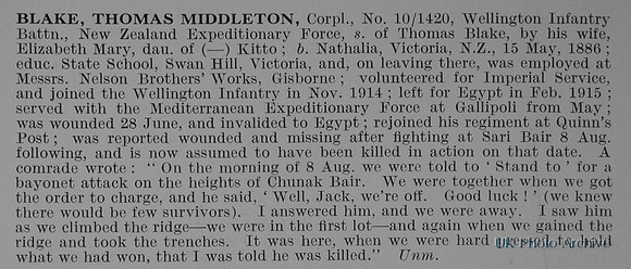 Blake T M Cpl 10-1420 Wellington Infantry NZEF Obit