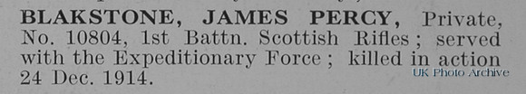 Blakstone J P Pte 10804 1st Cameronians Obit