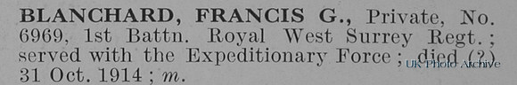 Blanchard F G Pte 6969 1st Queens Royal West Surrey Regiment Obit